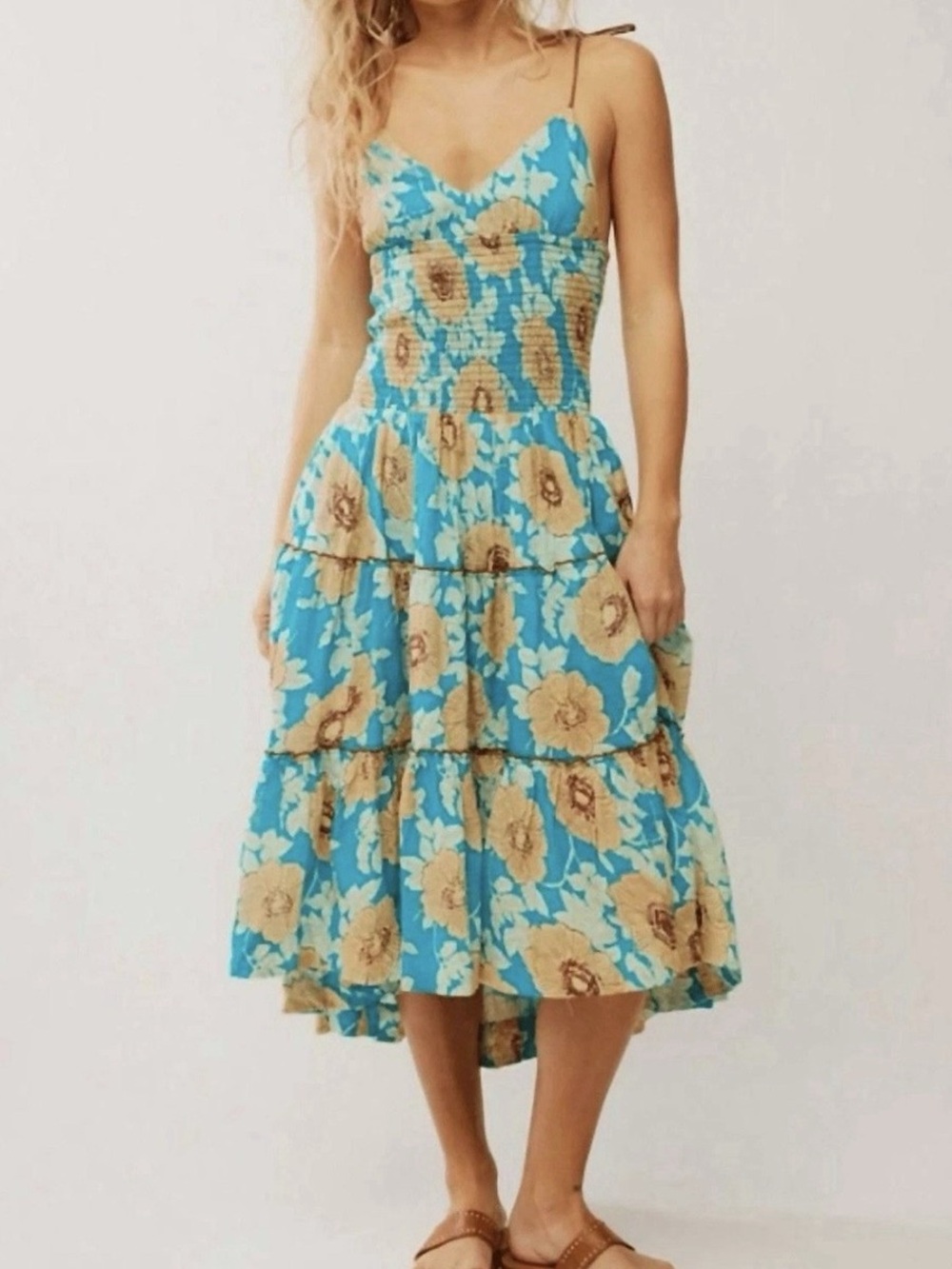 Free People Turquoise and Yellow Floral Smocked Maxi Dress